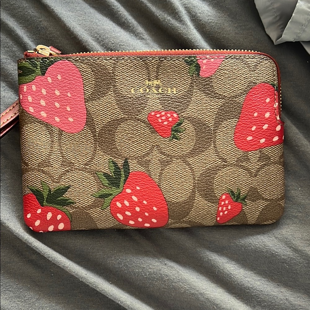 Coach Brown Wristlet with Strawberry Design